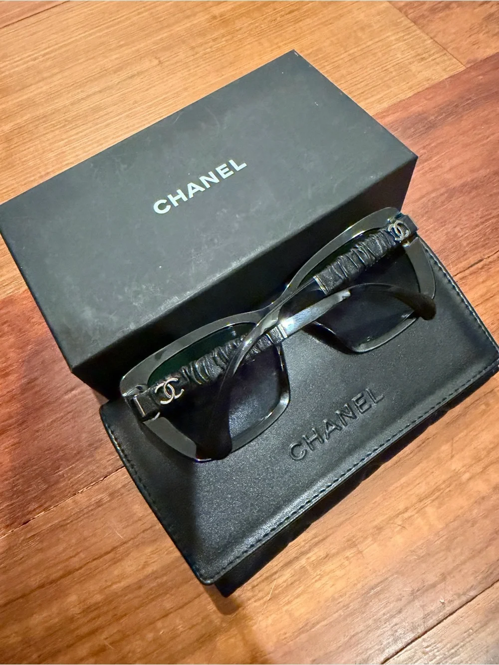 CHANEL Black Leather Sunglasses Case with Box